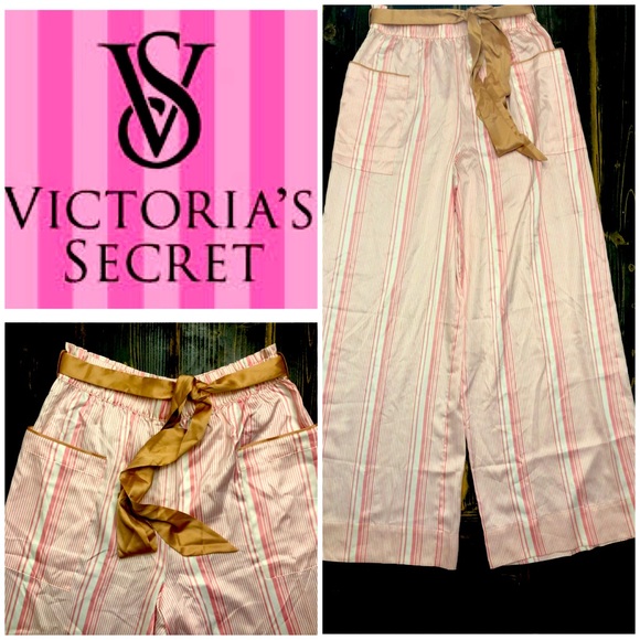 NWOT Victoria Secret Cotton Candy Pink Stripe Satin Wide Leg PJ's w/Salmon Belt - Picture 1 of 6